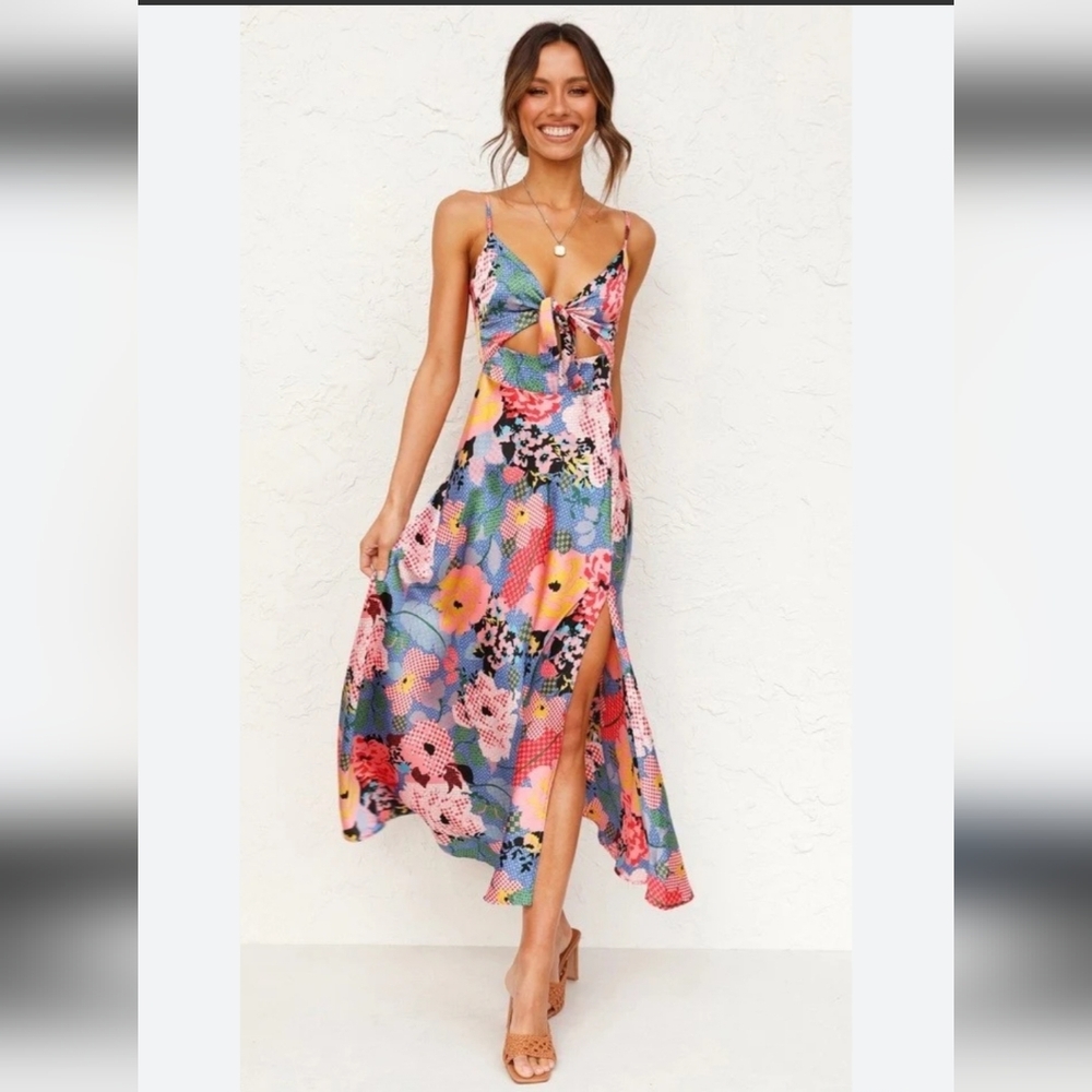#1362  Shein Floral Tie-Front Maxi Dress in Multicolor